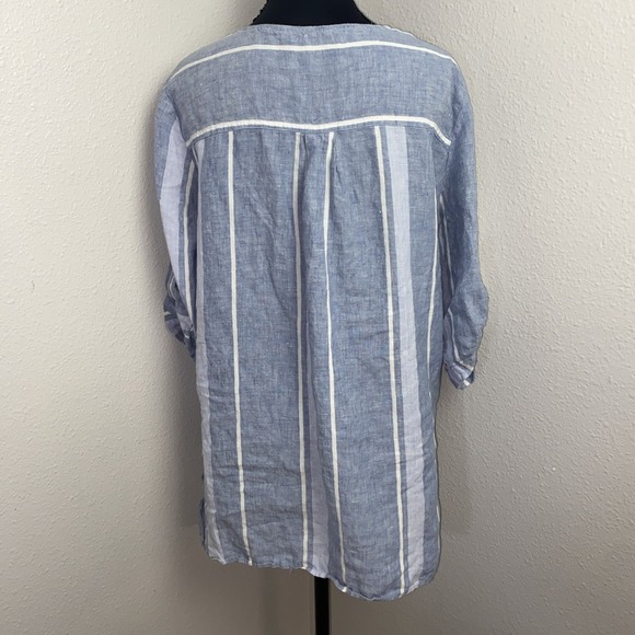 Ellen Tracy Linen Blouse Women's Large Blue Stripped Gold Zip‎ Pocket Nautical - Picture 2 of 8